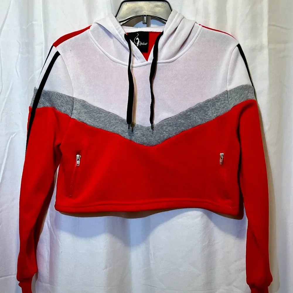 Y2K Baby Phat Cropped Zip Hoodie Red White Logo Women's Large Vintage Streetwear